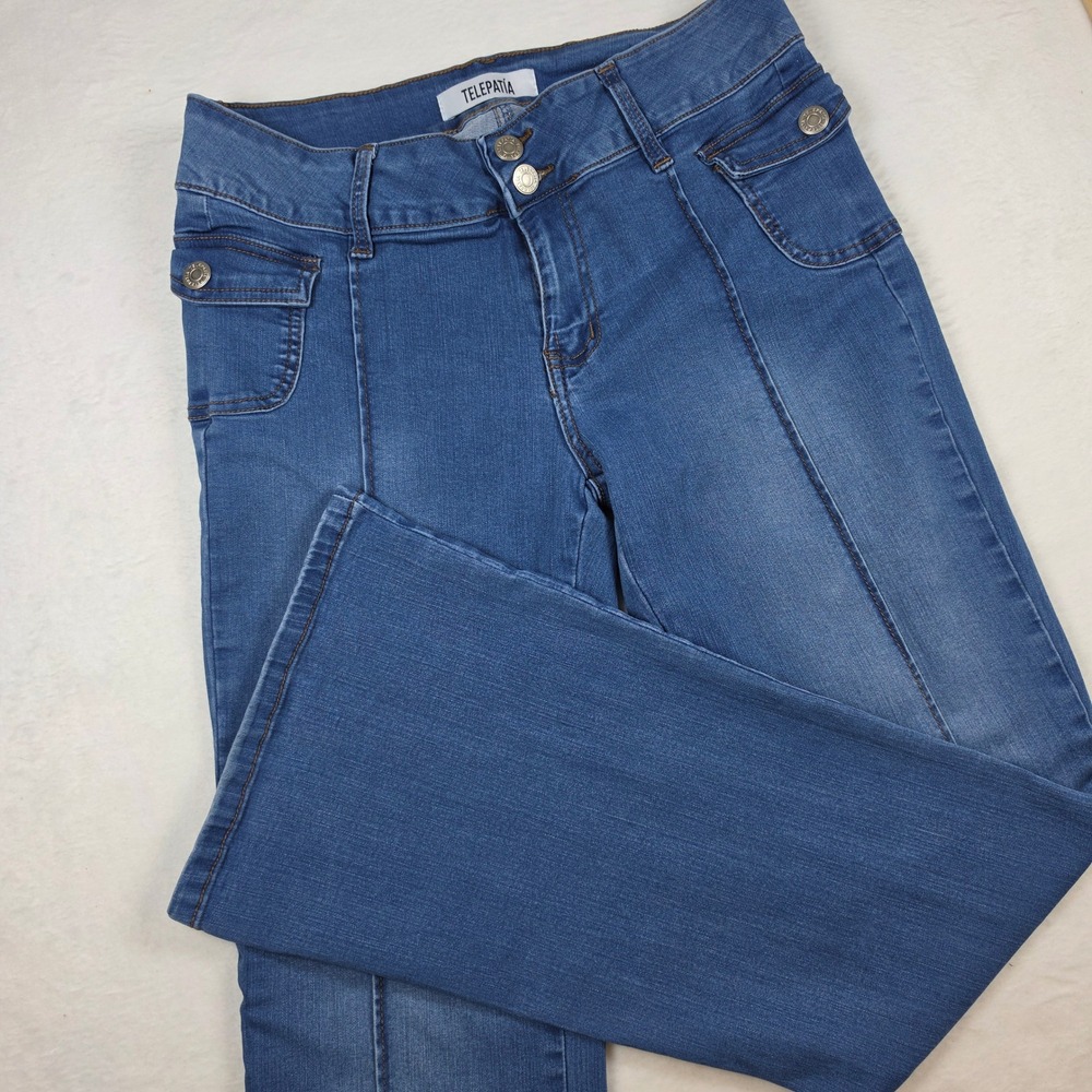 Telepatia Womens Flare Jeans Medium Wash Front Seam Double Button Size‎ 9/29